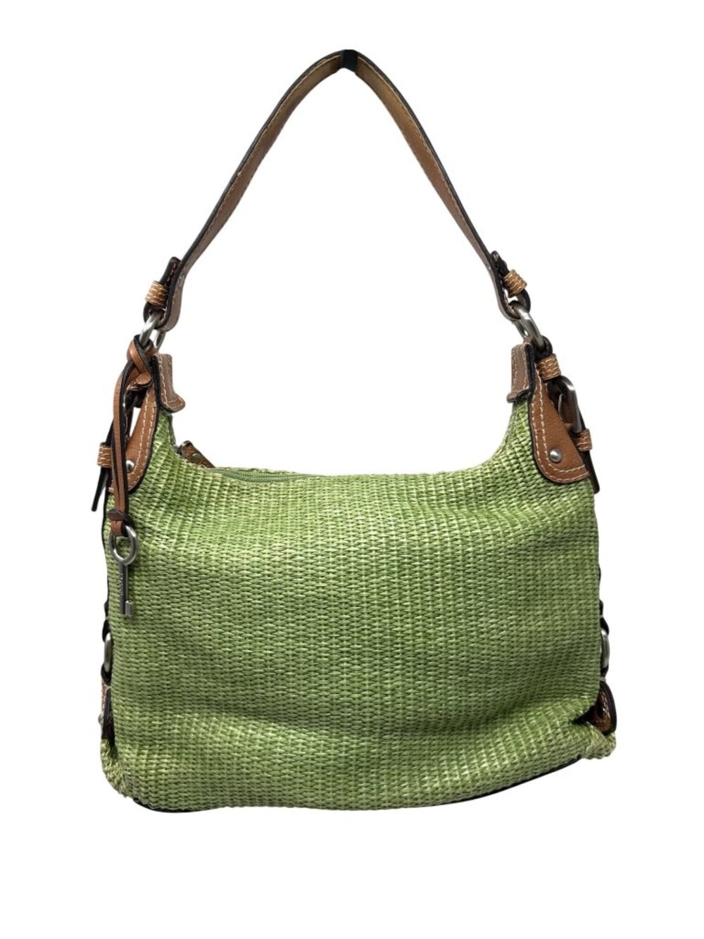 Fossil Martinique Top Zip Green Straw Weave Leather Trim Satchel
